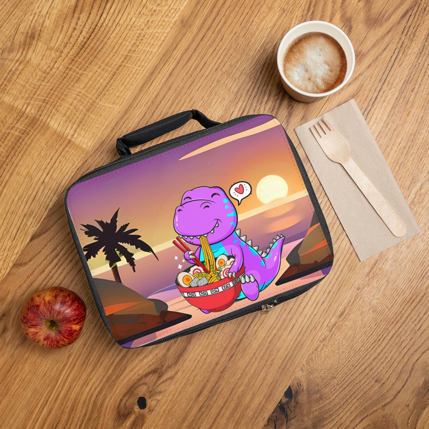 Custom Lunch Bag - Dinosaur Enjoying Ramen on the Beach